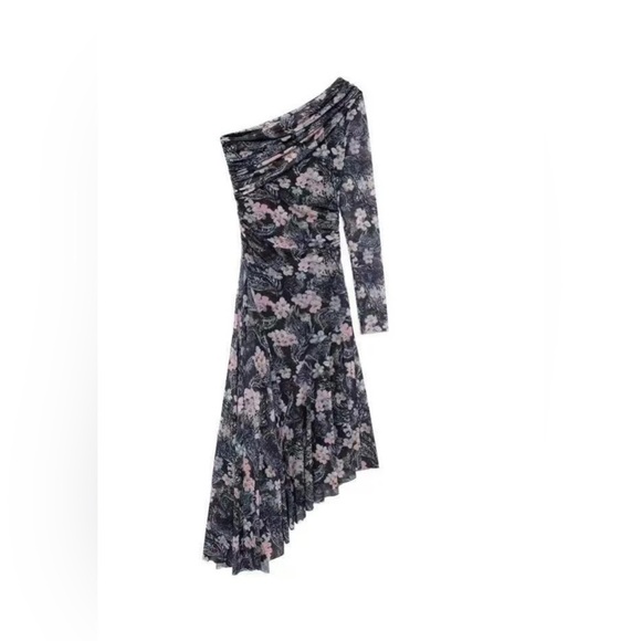 ZARA Floral One-Shoulder Asymmetric Mesh Midi Dress – NWT size Medium - Picture 4 of 16